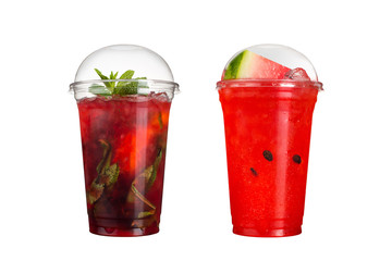 Delicious fruit smoothies in plastic cups, on a white background. Two cocktails with berry and watermelon flavors.