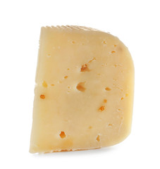 Piece of tasty cheese on white background