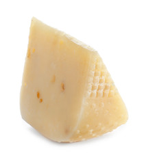 Piece of tasty cheese on white background