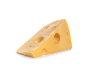 Piece of tasty cheese on white background