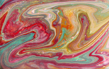 Green and red marbling pattern. Gold marble liquid texture.