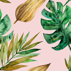 Seamless pattern with green tropical palm and monstera leaves. Exotic and jungle trendy style. Hand drawn watercolor illustration. Exotic hawaiian summer design for print, printing on paper or fabric