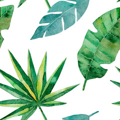 Seamless pattern with green tropical palm and monstera leaves. Exotic and jungle trendy style. Hand drawn watercolor illustration. Exotic hawaiian summer design for print, printing on paper or fabric