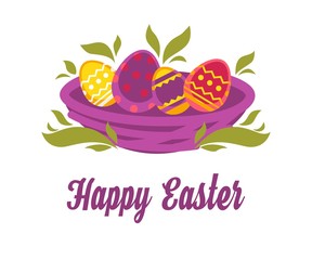 Happy Easter isolated icon colored eggs in nest