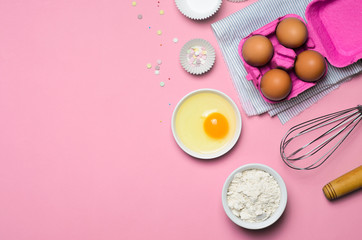 Baking Concept, Eggs, Flour, Whisk, Rolling Pin on Bright Background