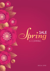 Spring Sale. Flower Paper Cut Elegant Design Template with Realistic Shadows. Pink and Gold.