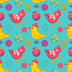 Easter seamless pattern eggs and birds chicken and flowers