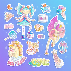 Brave tomboy princess vector cartoon set. Princess magic and feminism illustration, little teen girl with ball, princess superhero, brave girl illustration. Feminism princesses collection - unicorn