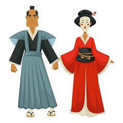 Japanese man and woman in traditional clothing samurai and geisha