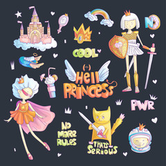 Brave tomboy Hell princess vector cartoon set. Princess magic and feminism illustration, little teen girl, princess superhero and warrior, brave girl illustration. Feminism princesses collection -