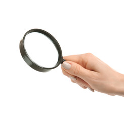 Female hand with magnifier on white background