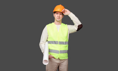 the man keeps a paper roll, a hand under a peak in a helmet