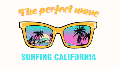 Sunglasses with palm trees. T-shirt print with inscription, summer design for youth, teenagers.