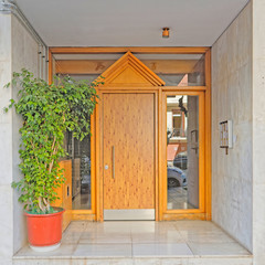 Greece Athens downtown, 70's elegant condominium entrance wooden door