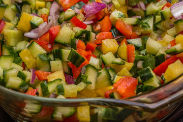 Close up of home made cucumber, onion and pineapple salsa