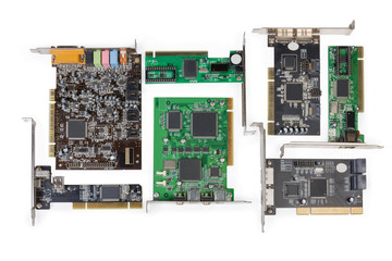Various internal expansion cards for PC on a white background