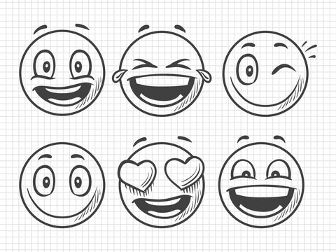 Hand drawn positive emojis, smile vector sketch. Illustration of emoji and emotion, smile expression face, emoticon sketch