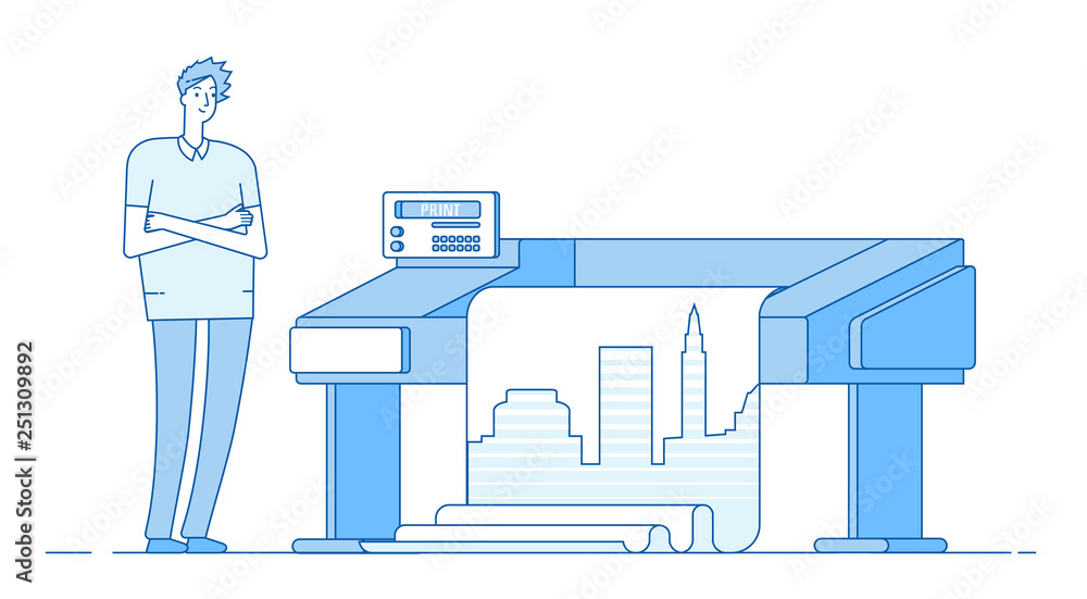 Aufkleber man works with plotter. printing wide format large banner. print office publishing house vector conc