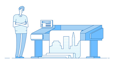 Man works with plotter. Printing wide format large banner. Print office publishing house vector concept. Worker plotter in printshop, equipment print illustration