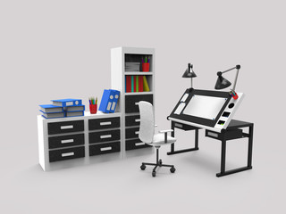 Workplace for an engineer in black and white colors