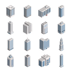 Vector Isometric City Building Set. Vector Isometric City Building Icon Isolated on White Background. Private House, Skyscraper, Real Estate, Public Building, Hotel.