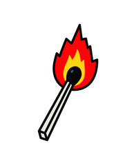 An ordinary match icon. Vector. Flat outline style. One burning wooden match. Cartoon illustration. Bright flame. Symbol of arsonists and fire fighting. Pyromania.