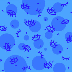Decorative pattern with eyes on a blue background. Vector. Blue ornament, background. Cartoon cheerful style. A set of scenery. Open and closed eyes with circles. Contour drawing for fabric and wallpa