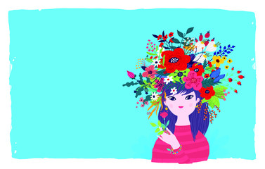 Obraz na płótnie Canvas Illustration of a spring girl in a wreath of flowers on a blue background. Vector. Illustration for banner, greeting card. Picture for March 8 and Mother's Day. Cartoon style. The image of summer and 
