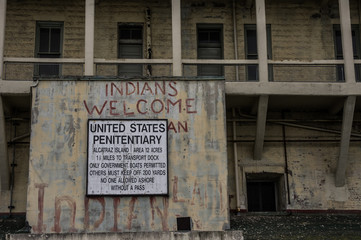 United States Penitentiary sign and Exterior View of Alcatraz Prison, California, USA