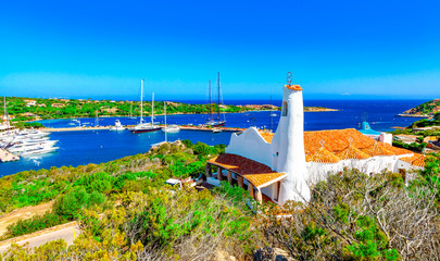 View of Porto Cervo and Stella Maris church, Italian seaside resort in northern Sardinia, Italy. Centre of One of the most expensive resorts in the world.