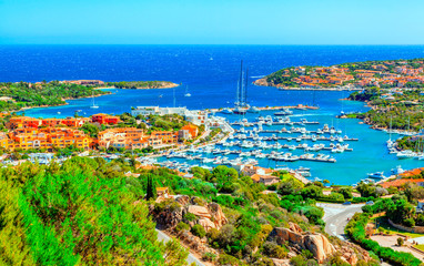 View of Porto Cervo, Italian seaside resort in northern Sardinia, Italy. Centre of Costa Smeralda, Sardinia. Porto Cervo is one of the most expensive resorts in the world. Sardinia island, Italy