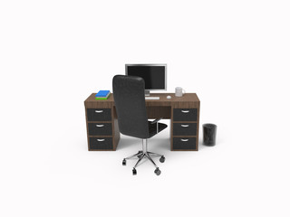 office workplace with wooden table and black leather chair back view on white background