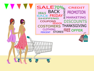 Two women in a skirt and a trolley are going to go shopping. At the mall Because there is a reduction in product prices on white background