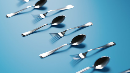 Many steel tableware in a row. 3d illustration