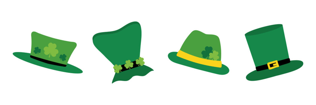 Set, collection of cute cartoon style leprechaun hats for St. Patrick's Day holiday design.
