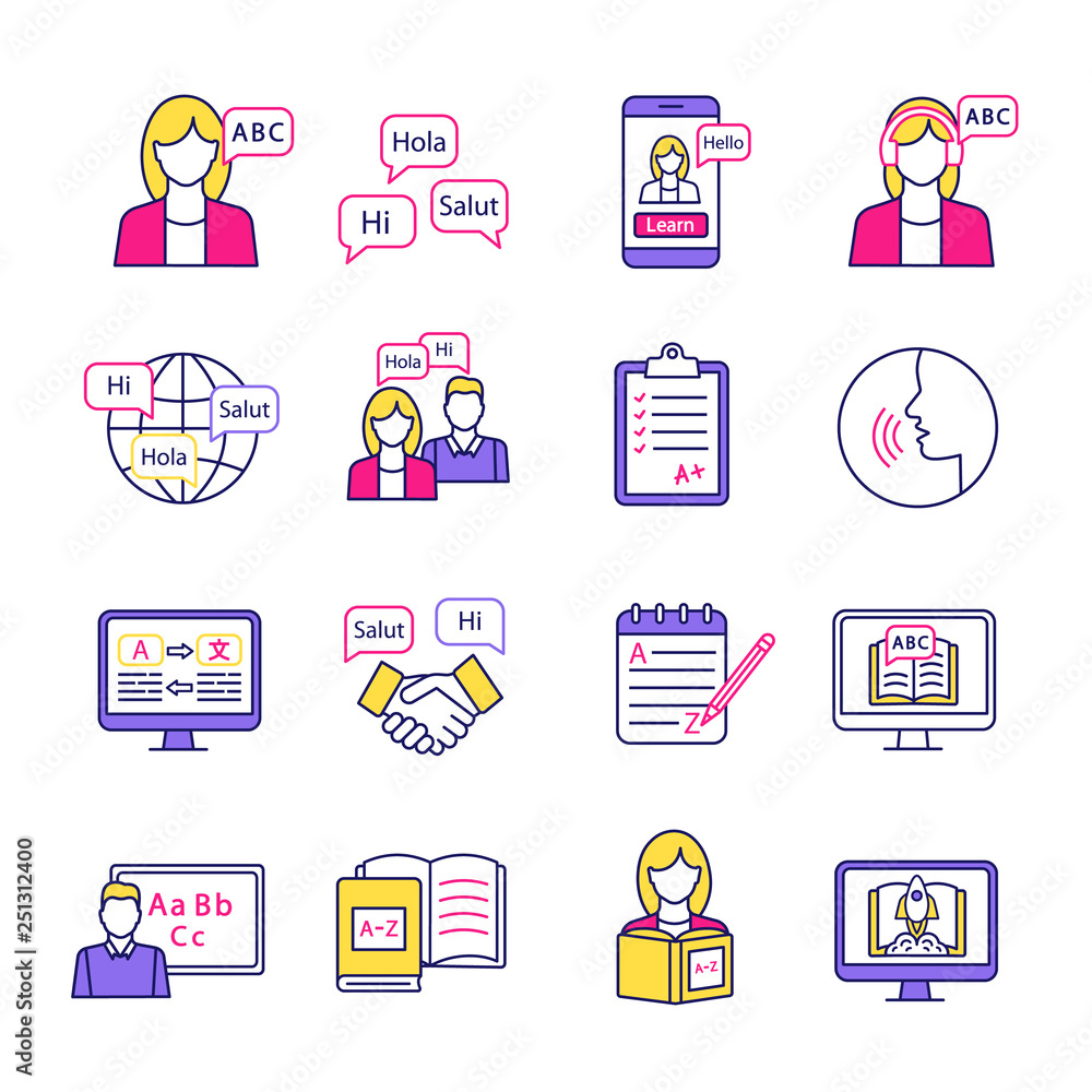 Poster foreign language learning color icons set