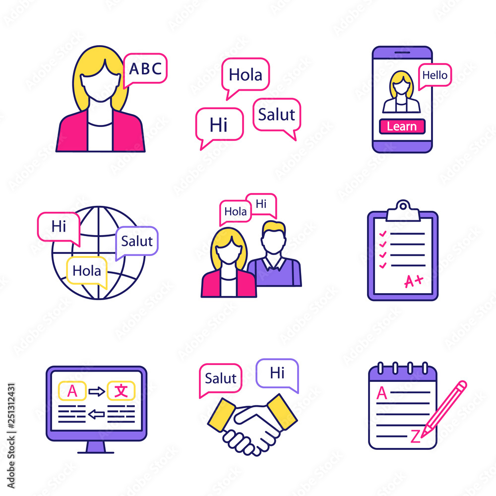 Poster foreign language learning color icons set