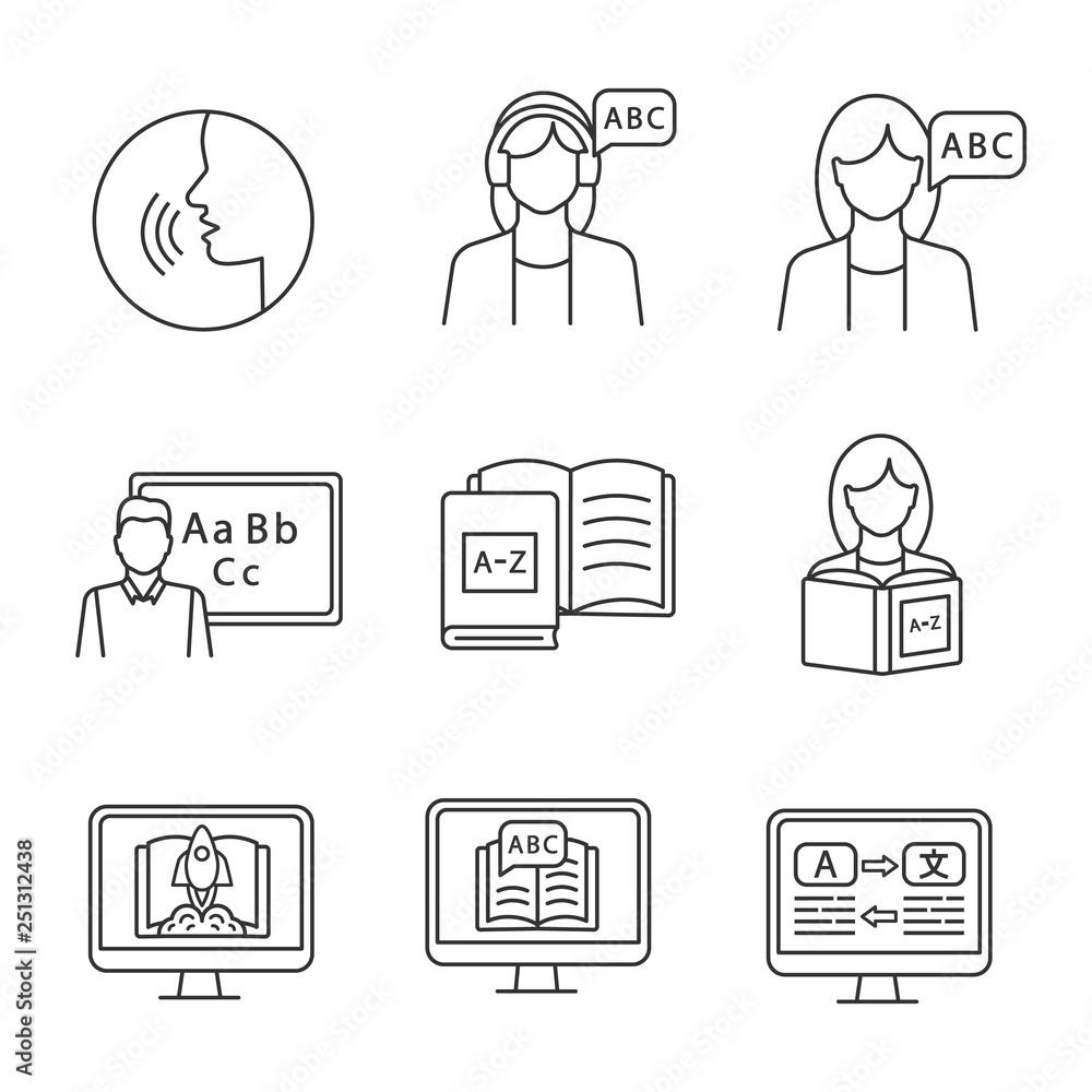 Poster foreign language learning linear icons set