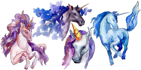 Cute unicorn horse. Fairytale children sweet dream. Watercolor background set. Isolated unicorn illustration element. © yanushkov