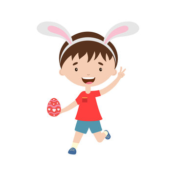 Spring laughing running boy with bunny ears with Easter egg.Cute child hunting for easter eggs
