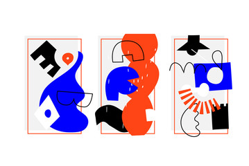 Artistic Collection Of Posters set In Handmade Technique. Bright bold design elements collection for Motion, textile, Magazine etc. Abstract Shapes Template. Orange Blue Black colors