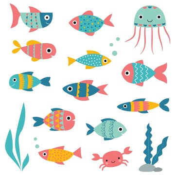 Isolated fishes, cartoon elements set