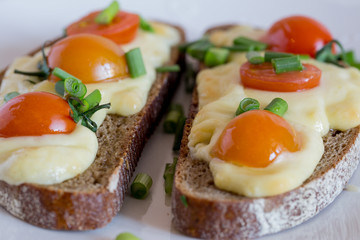 Multigrain toast bread with melt gouda or kaseri cheese and small tomatoes and green onion on top 