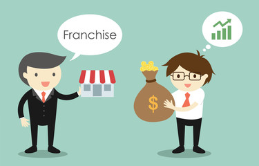 Business concept, Businessman is selling franchise to another businessman. Vector illustration.