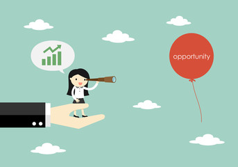 Business concept, Business woman standing on the big hand and using her telescope and looking for opportunity. Vector illustration.