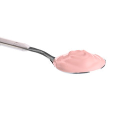 Spoon with tasty yogurt on white background