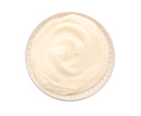 Bowl of tasty yogurt on white background