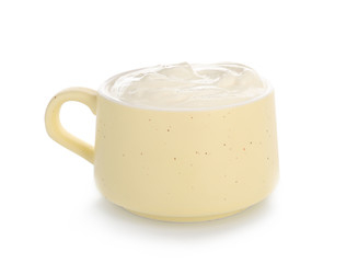 Cup of tasty yogurt on white background