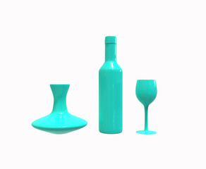 blue set of bottle, decanter and glass isolated on white background
