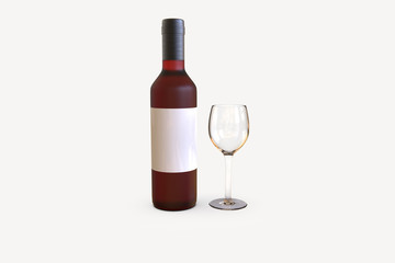glass and bottle of red wine on white background